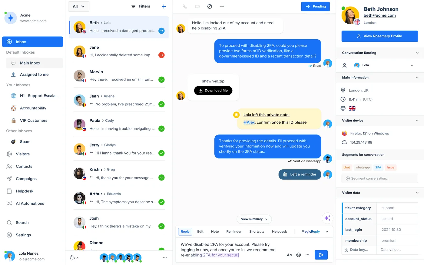 Interface de la plateforme Crisp : la boîte de réception partagée qui regroupe les conversations de tous les canaux au même endroit